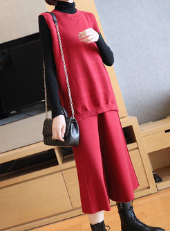 Crew Neck Sleeveless Wide Leg Knitted Pant Suits