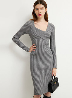 Long Sleeve Sheath Sweater Knee-length Dress