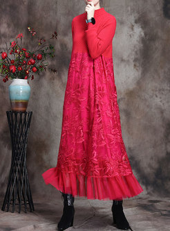 Lace Embroidered Patchwork Knitted Maxi Dress