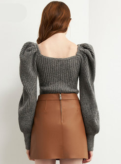 Square Neck Puff Sleeve Pullover Sweater