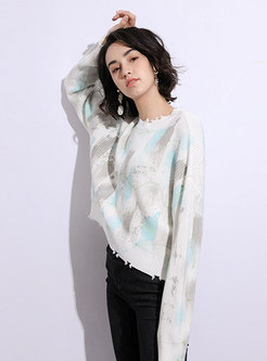 Crew Neck Ripped Tie Dye Pullover Sweater