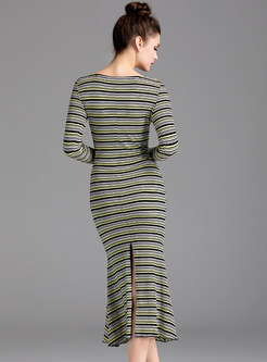 Long Sleeve Striped Sweater Peplum Dress