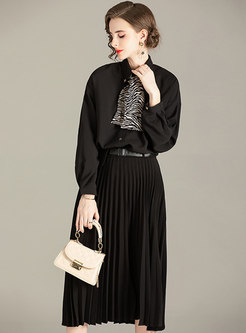 Bowknot Long Sleeve Pleated Skirt Suits