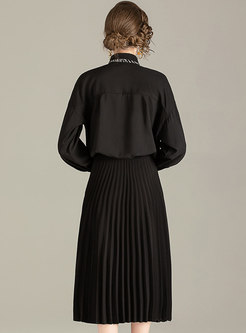 Bowknot Long Sleeve Pleated Skirt Suits
