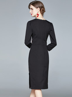 V-neck Embroidered Bodycon Knee-length Dress