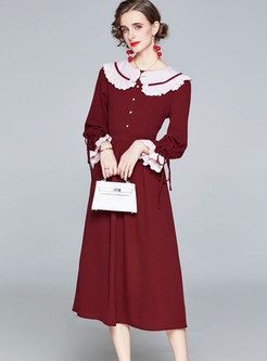 Color-blocked Flare Sleeve A Line Long Dress