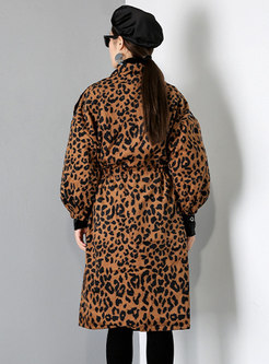 Mock Neck Leopard Plus Size Trench Coat