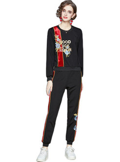 Crew Neck Letter Embroidered Casual Pant Suits