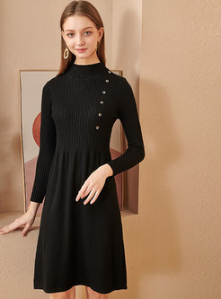Mock Neck Solid A Line Knitted Dress