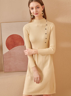 Mock Neck Solid A Line Knitted Dress