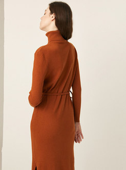 Solid Long Sleeve Split Sweater Dress