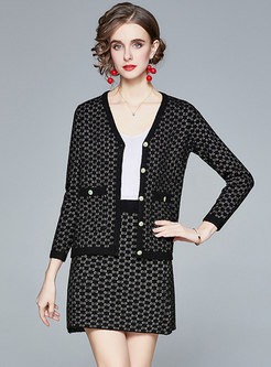 V-neck Print Single-breasted Knitted Skirt Suits