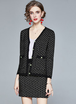V-neck Print Single-breasted Knitted Skirt Suits