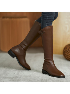 Rounded Toe Chunky Heel Long Biker Boots