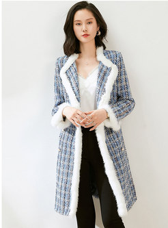 Rabbit Hair Patchwork Plaid Tweed Overcoat