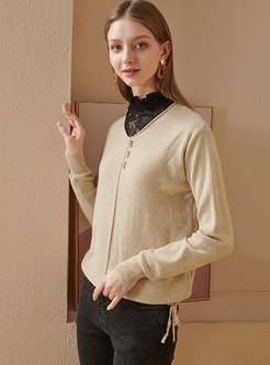 Lace Openwork Patchwork Mock Neck Sweater