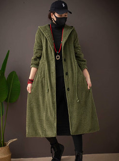 Hooded Plus Size Long Drawstring Corduroy Coat