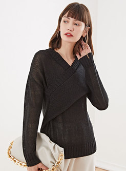 V-neck Pullover Patchwork Slim Sweater