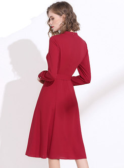 Red Lantern Sleeve A Line Chiffon Dress
