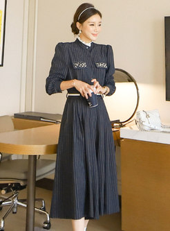 Mock Neck Striped Cropped Wide Leg Pant Suits