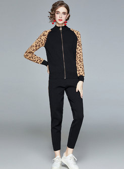 Mock Neck Leopard Print Knitted Pant Suits
