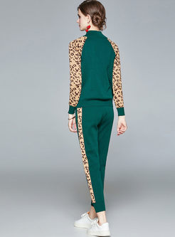 Mock Neck Leopard Print Knitted Pant Suits