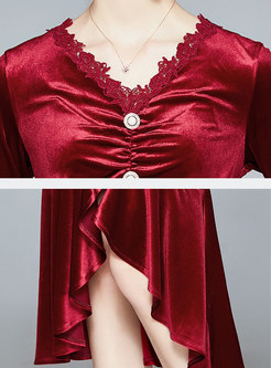 V-neck Ruched Velvet Bodycon Peplum Dress
