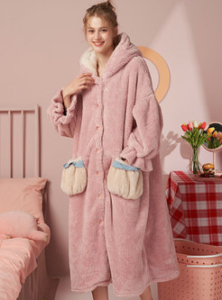 Cute Hooded Single-breasted Coral Robe