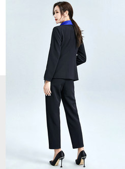 Color-blocked Lapel High Waisted Pant Suits