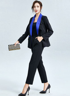 Color-blocked Lapel High Waisted Pant Suits