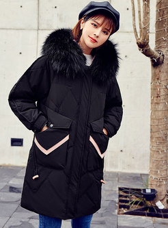 Hooded Color-blocked Straight Down Coat