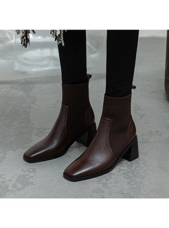 Square Toe Knitted Patchwork Ankle Boots