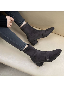 Pointed Toe Chunky Heel Flock Short Boots