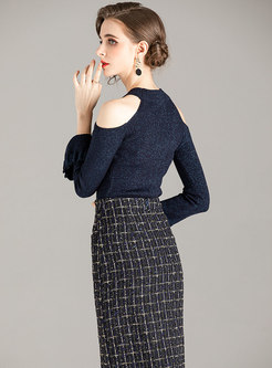 Cold Shoulder Pullover Plaid Sheath Skirt Suits