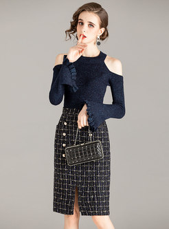 Cold Shoulder Pullover Plaid Sheath Skirt Suits