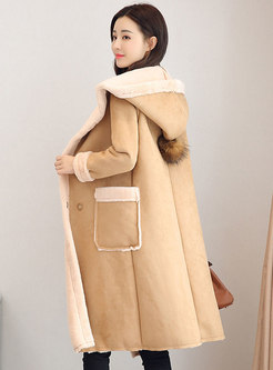 Hooded Suede Straight Long Overcoat