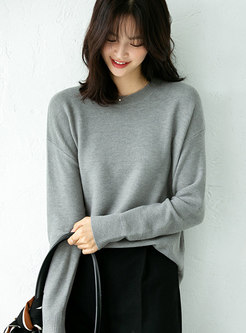 Solid Pullover Split Loose Sweater