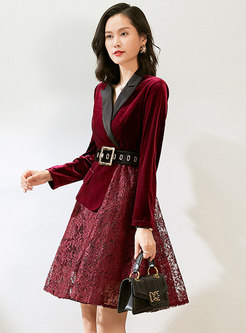 Velvet Patchwork Lace Belted Blazer Dress