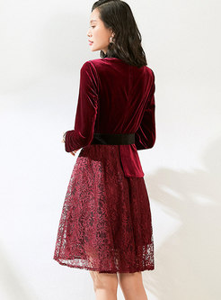 Velvet Patchwork Lace Belted Blazer Dress