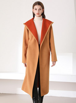 Hooded Color-blocked Straight Overcoat