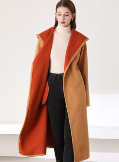 Hooded Color-blocked Straight Overcoat