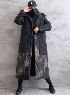 Print Hooded Single-breasted Long Coat