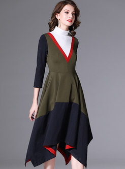 Turtleneck Color-blocked A Line High-low Dress
