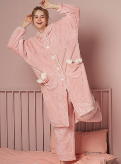 Cute Hooded Coral Loose Pajama Set