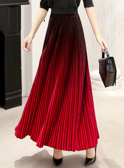 Gradient Color Pleated Long Velvet Skirt