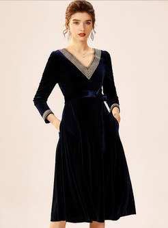 V-neck Embroidered Patchwork Velvet Dress