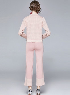V-neck Plaid Slim Knitted Pant Suits