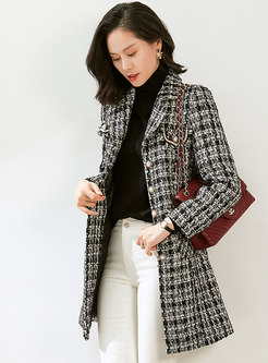 Notched Plaid Tweed Mid-length Coat