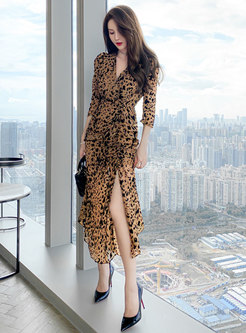 Leopard Ruched Split Sheath Maxi Dress