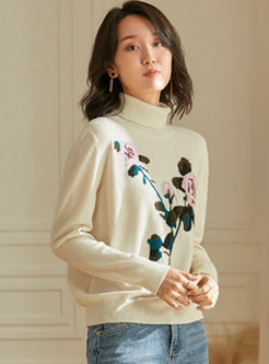 Turtleneck Cashmere Print Pullover Sweater